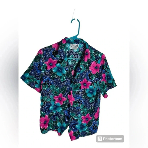 Box Office Tops - Vintage Box Office Tropical Floral pink and turquoise top women’s Large
